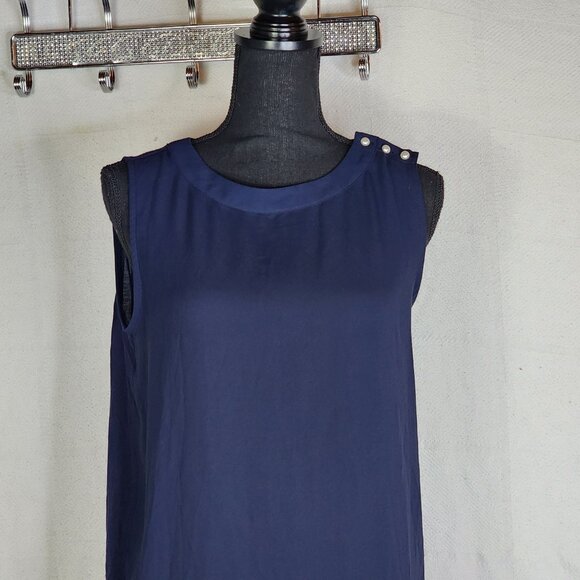 Loft Navy Sleeveless Duo Fabric Poly Front Rayon Back Faux Pearl Detail Top Sz M - Picture 3 of 16